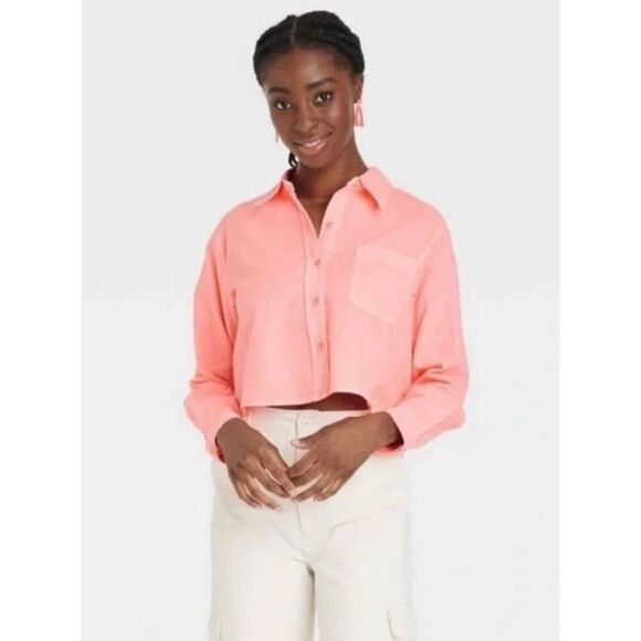 Cropped Button-Down Shirt, Long Sleeve Top, Casual Blouse, Women's Fashion - Picture 1 of 5